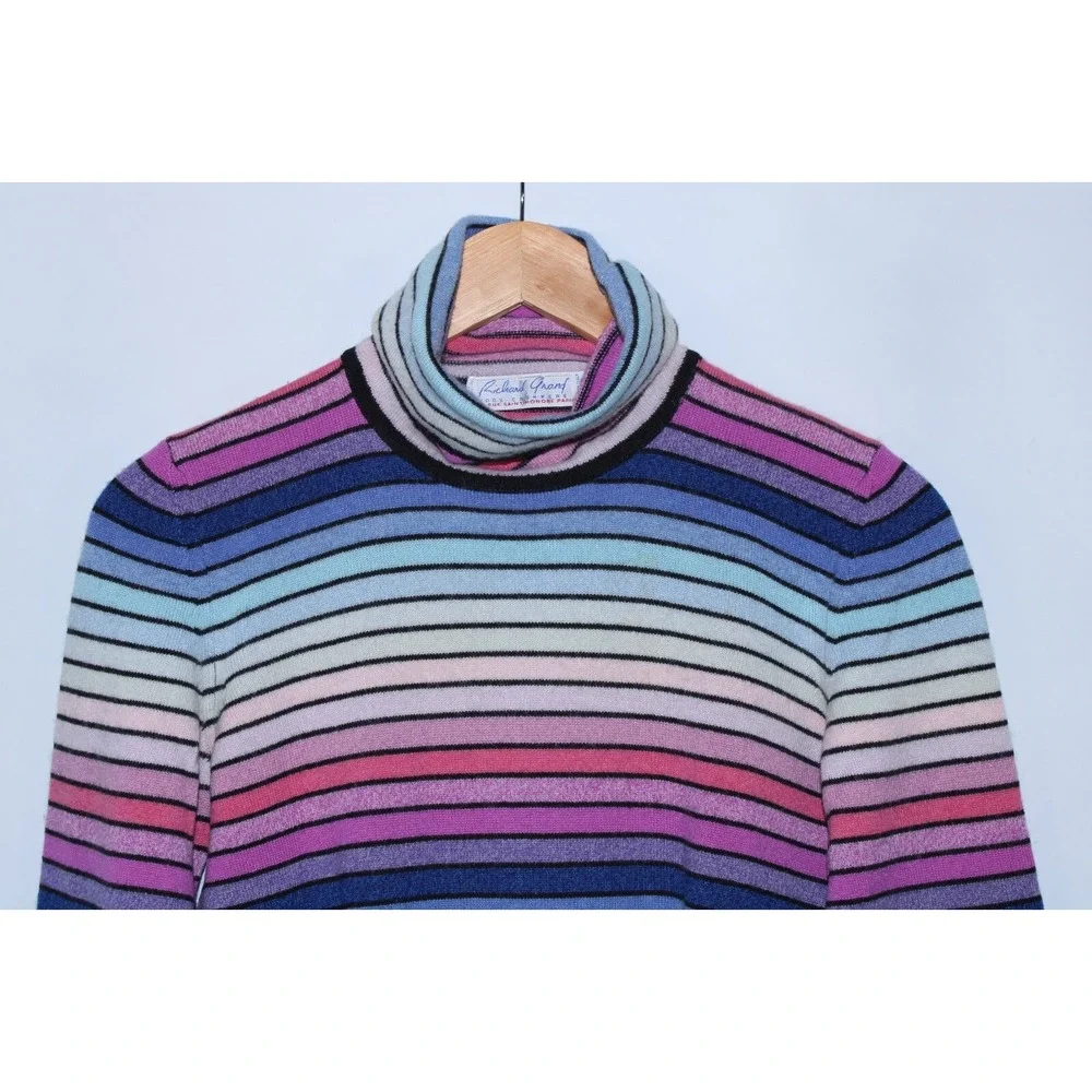 Richard Grand Women's Medium Multicolor Striped Knit Cashmere Turtleneck Sweater